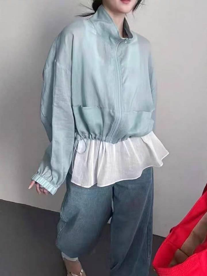 Korean-Style Stand-Up Collar Zip-Up Sun Protection Jacket for Women - 2025 Spring/Summer Cotton-Linen Collection, Slimming and Loose Fit