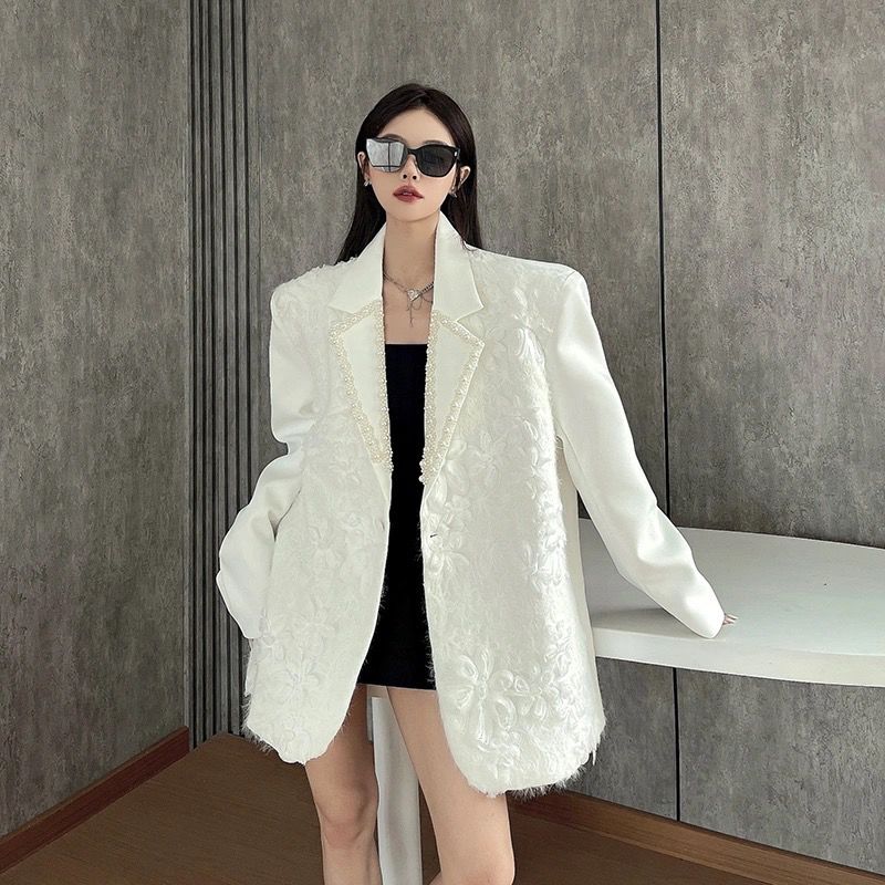 Luxury Niche Design Pearl Collar Jacquard Blazer for Women Spring Autumn Padded Shoulder Elegant Temperament Blazer Outerwear M белый