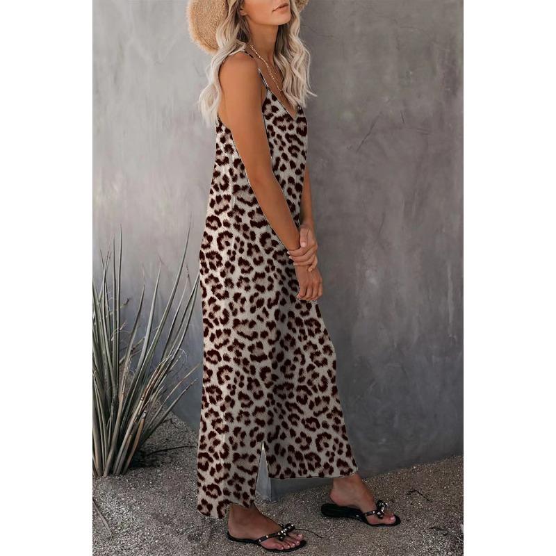 Women Summer Casual Sleeveless Leopard Print Loose Strap One Piece Long Jumpsuit