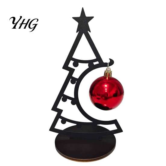 Metal Tabletop Ornament Christmas Tree Table Decoration, Line Art Holiday Sculpture with Hollow Ornaments Red Ball for Xmas Party Desk, Shelf, Mantel