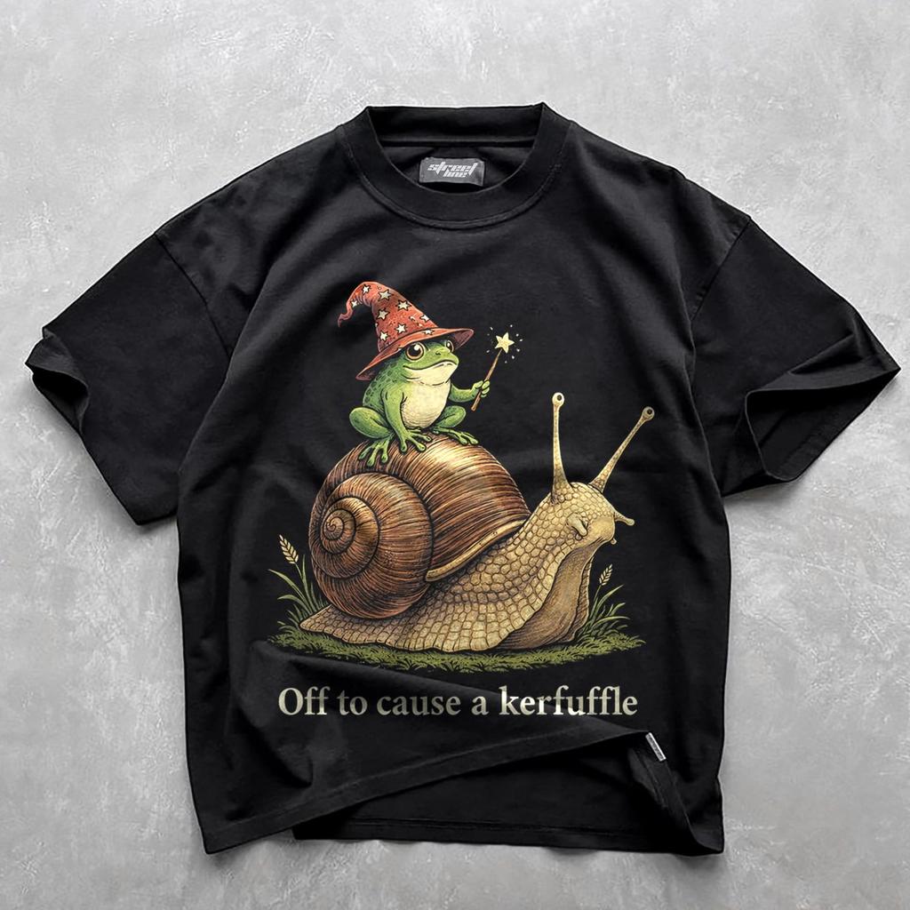 Funny Wizard Frog T-Shirt Off to Cause a Kerfuffle Meme Shirt Snail Rider Cute Witchy Cottagecore Animal Humor Gift Tee
