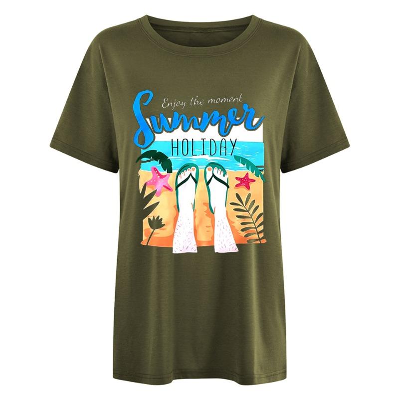 Spring Summer Letter Beach Sea View Pattern Printed Women's Loose Casual Round Neck Pure Cotton Short Sleeved T-Shirts Women’s