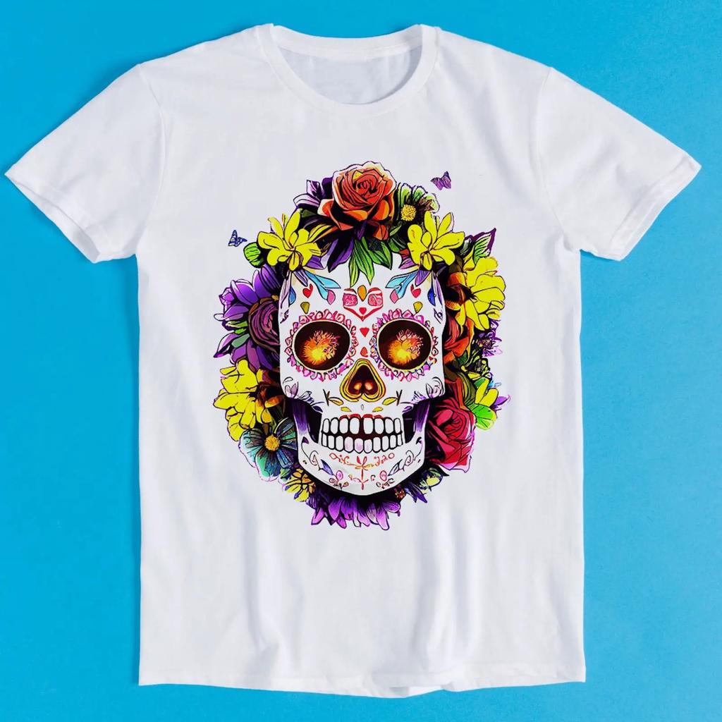 Floral Sugar Skull Day Of The Dead Dia De Retro Funny Art Drawing Gamer Anime Cult Meme Music Movie T Shirt K1163 Vintage