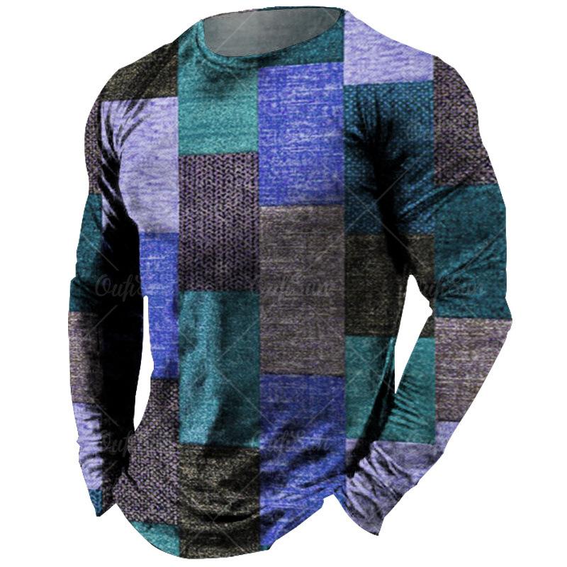 Round Neck 3D Irregular Color Matching Printed Top Fashionable Casual Long Sleeved Men's T-shirts