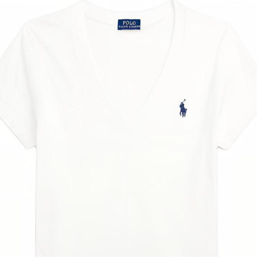 Polo Ralph Lauren Solid Color Logo Embroidered V-Neck Knit SS23 T-Shirt Women Tops White WMPOKNINCU20704-100