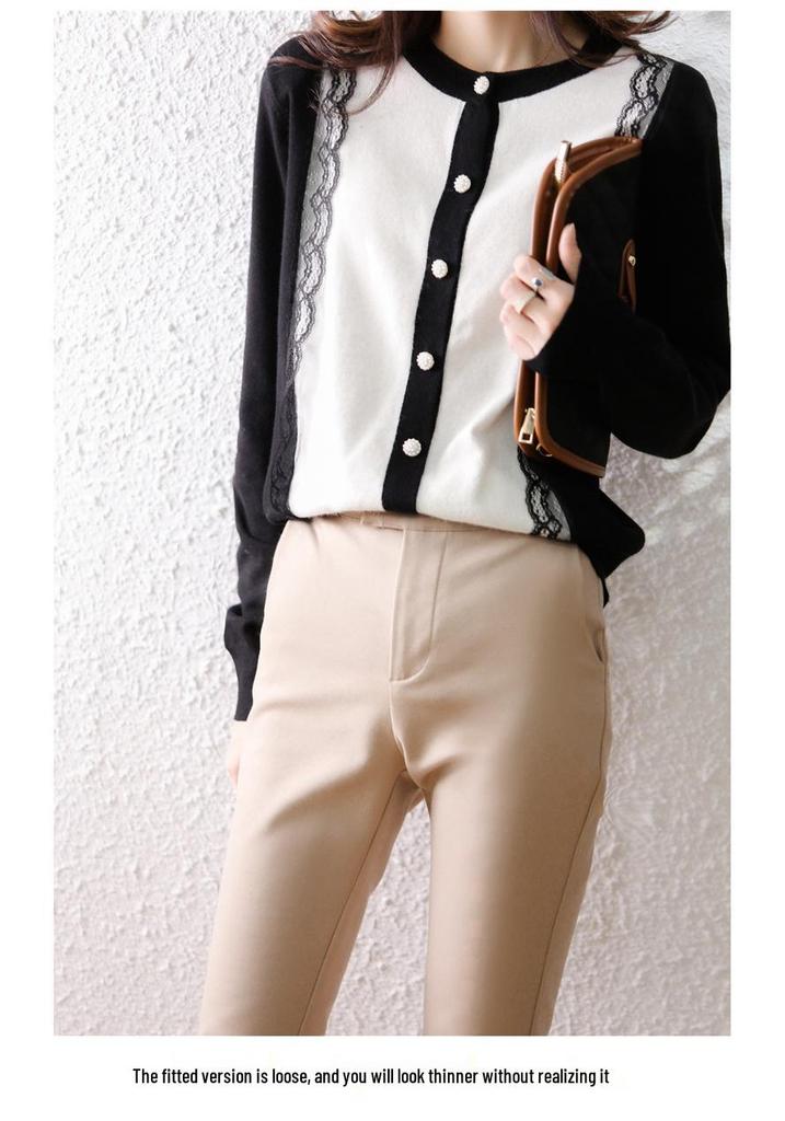 Women's Color Block Cashmere Knit Cardigan - Autumn/Winter Round Neck Lace Sweater Coat