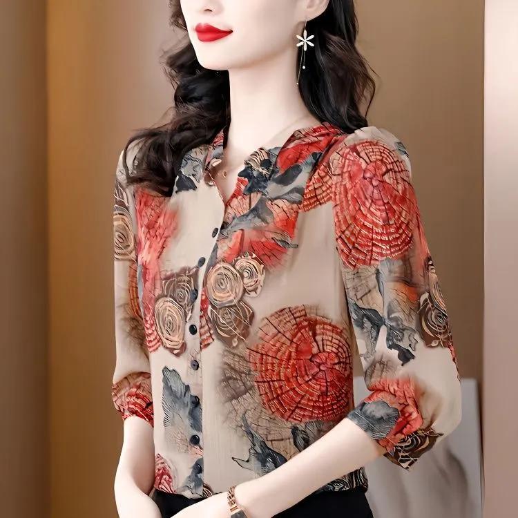 

Spring Summer Women s Short-sleeved Top Age Reducing and Belly Covering Print Mother Put Large Size Chiffon Women XXXXXL красный