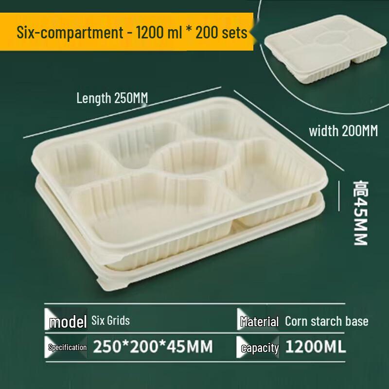YOHO YUMI 1200ML Degradable 6-Compartment Disposable Lunch Boxes with Lids, 200 Sets