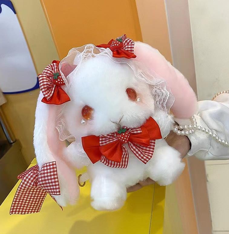 Cartoon Rabbit Plush Crossbody Bag with Pearl Chain