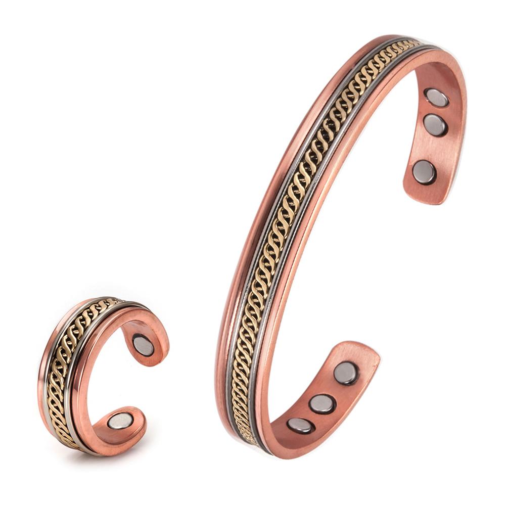 Vinterly Jewelry-Set Magnetic Copper Bracelet Ring Healing Energy Women 8.3mm Rose Adjustable Open Cuff Bangles Resizable