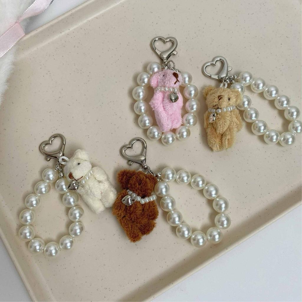Kawaii Teddy Bear Mobile Phone Chain Pearl Beaded Bracelets Cute Doll Bag Charms Pendant Keychain Girl Heart Hanging Ornament