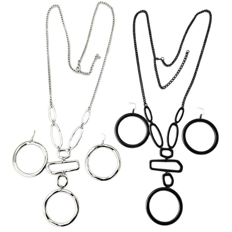 Stylish and simple geometric lines hollow figure stacking long pendant necklace combination