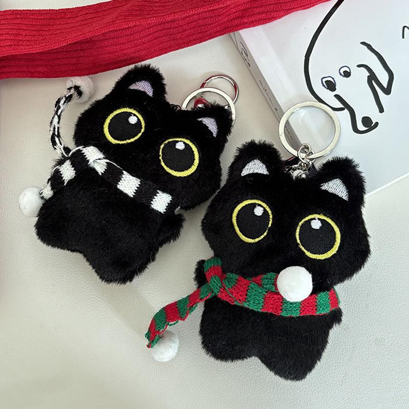 Cute Black Cat Keychain Pendant Backpack Hanging Plush Doll Kitty Cell Phone Charm Bag Keychain Halloween Pendant Keyring Decoration