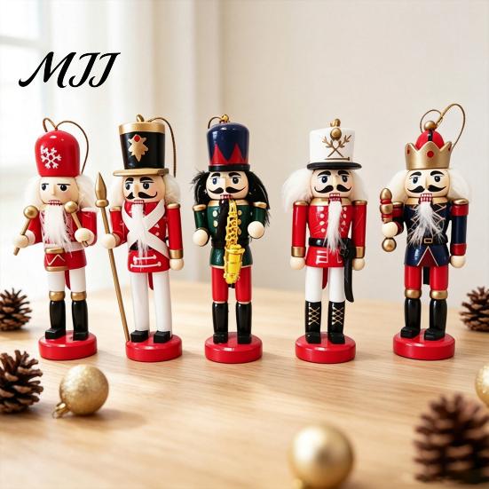 Handmade Solid Wood Soldiers 5Pcs Christmas Wooden Nutcracker Ornaments, Soldier Figurines with Hanging Rope, Desktop for Home Decor Classic Pendants