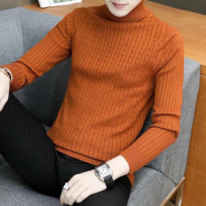 Men's Autumn and Winter Casual Solid Color High Neck Long Sleeve Knit Slim Jersey