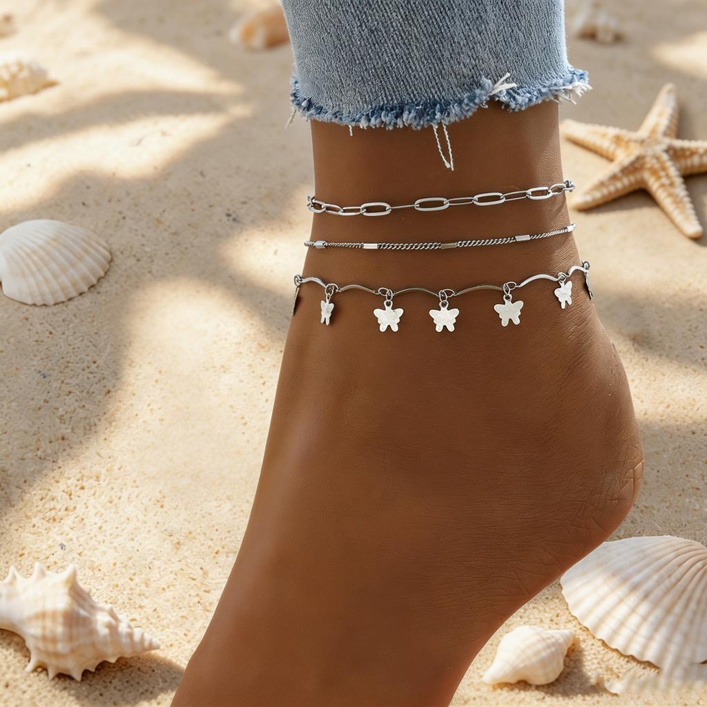 Double-layer butterfly metal cold wind anklet women's niche design sense gold chain foot chain tide
