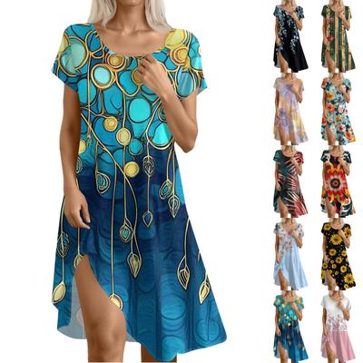 Boho šaty s krátkym rukávom pre ženy Ležérne Letné slnečné šaty voľného strihu Šaty s kvetinovou potlačou s vreckami