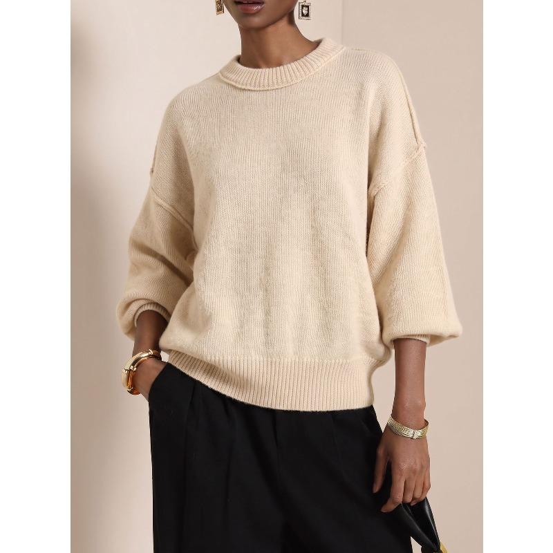 YYFS Moda feminina casual outono inverno cor sólida estampa manga comprida gola redonda suéteres