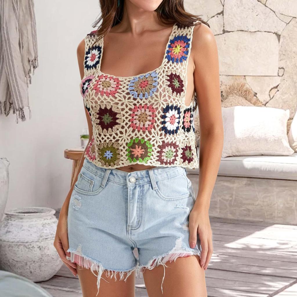Dámské ruční háčkové vyšívání duté pletené tílko Košilka Dámské krátké plážové prázdniny bez rukávů