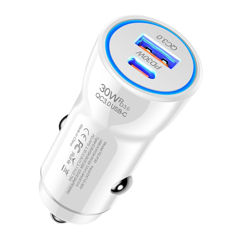 

Автомобильное зарядное устройство для телефона PD 30 Вт QC 3.0 USB-разъем для зарядного устройства USB Type C Автомобильный адаптер питания с множественной защитой для Samsung Huawei Xiaomi белый