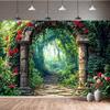 10X8ft Vintage Forest Backdrop Retro Spring Green Forest Red Rose Photography Background Natural Theme Decoration Kids B