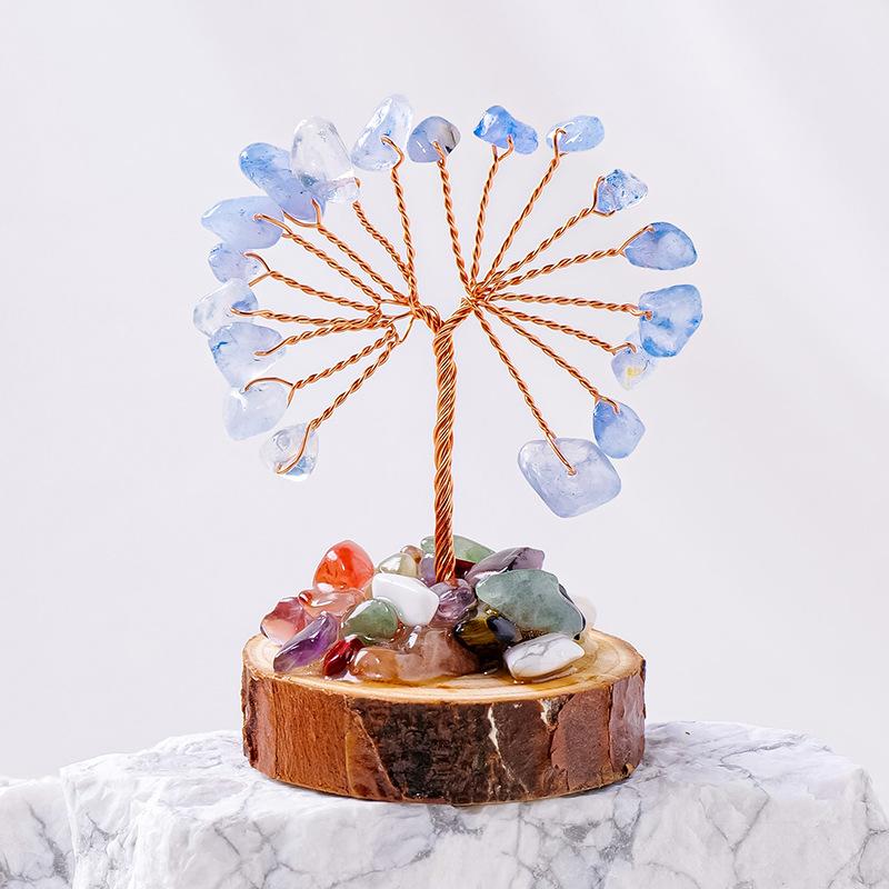 Natural Crystal Chips Tree Handmade With Copper Wire Wood Stump Base Money Tree Of Life Ornament Home Office Decor