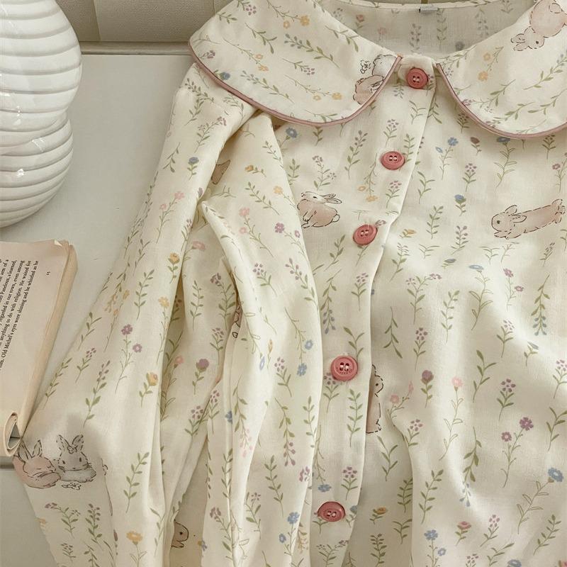Direct supply of the new Forest Rabbit pure cotton double-layer yarn loungewear, small fresh lapel breathable pajama set