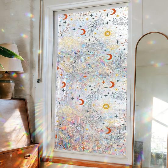 Window Privacy Film, Stained Glass Pattern Decorative Window Sticker, Rainbow Static Cling, Sun Blocking Reusable Decals for Glass Doors, Bedroom