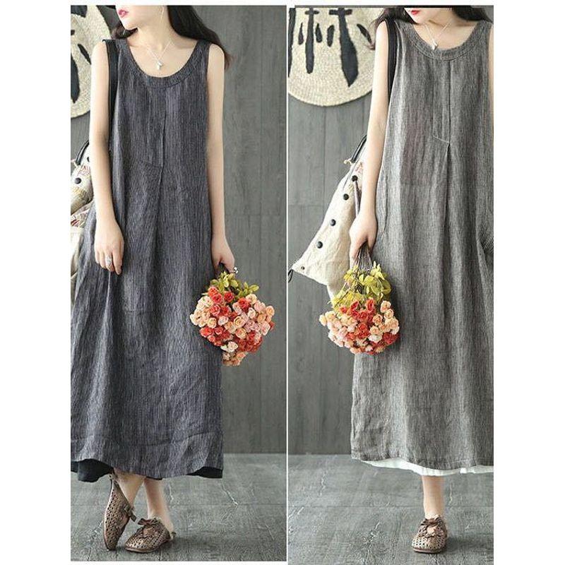 Loose Sleeveless Mid Length Striped Dress Loose Sleeveless Stripes Dress