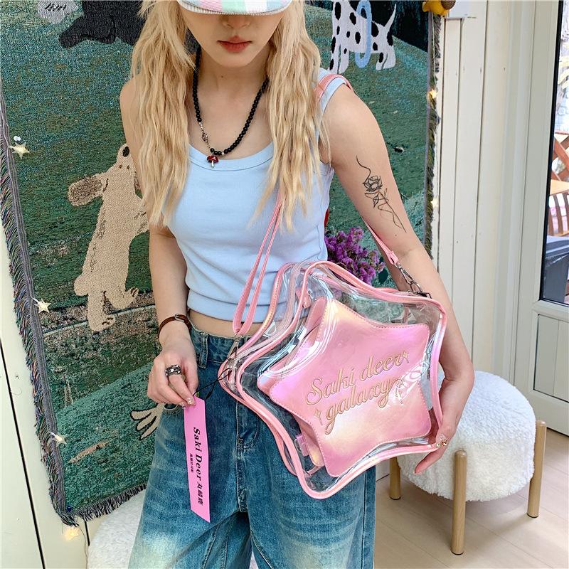 Stern Pentagramm Schmerztasche transparente Tasche Damentasche Doppel-Schulter Schulter Crossbody Japanische Bar Babytasche Freizeittasche