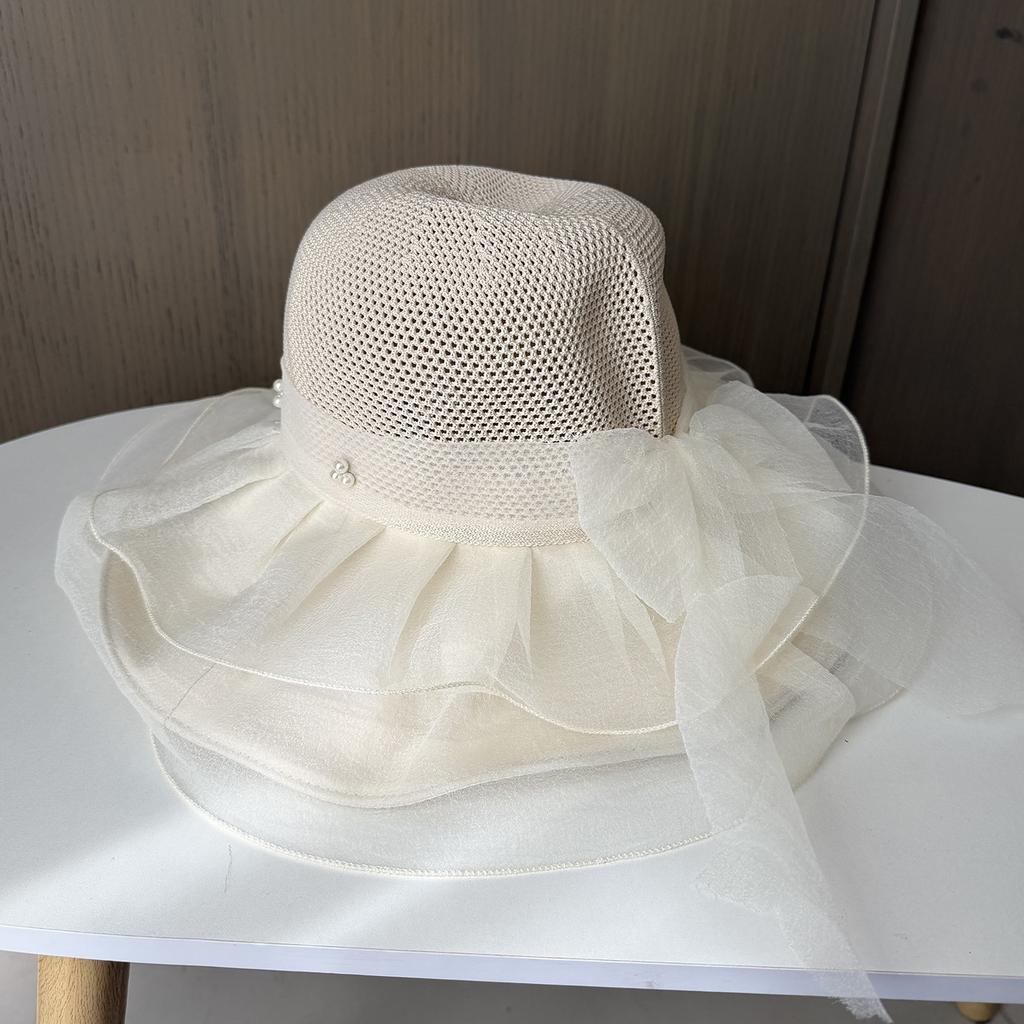 Spring and summer elegant sweet bucket hat women's big eaves mesh breathable sun hat sun protection face small beach sun hat