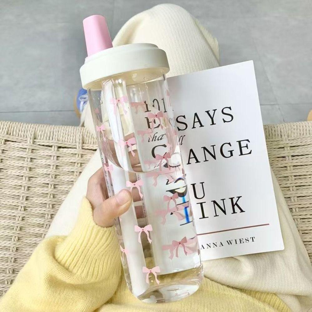 Bowknot Wasserflasche 500ml Plastikbecher Tragbarer Becher mit Deckel Strohhalm Bubble Tea Kaffee