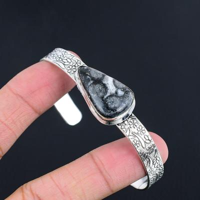 Natural Black Fossil Coral Gemstone Bangle Adjustable 925 Sterling Silver