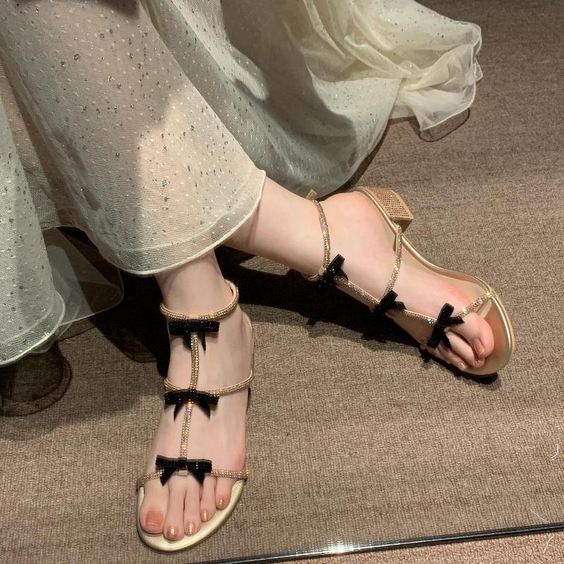 Fashion Luxury Bowknot Thick Heel Sandals Women Elegant Ankle Strap Party Shoes Woman 2025 Med Heels Gladiator Sandalias Mujer