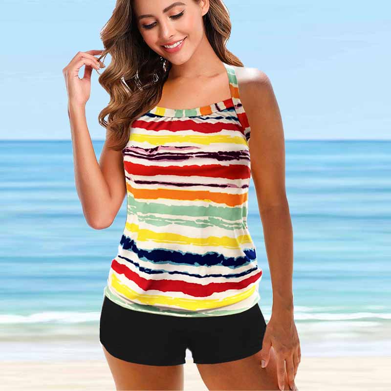 Women's Shoulder Strap Swimsuit Same Tone Stripes Print Bikini Tankini Swimsuit