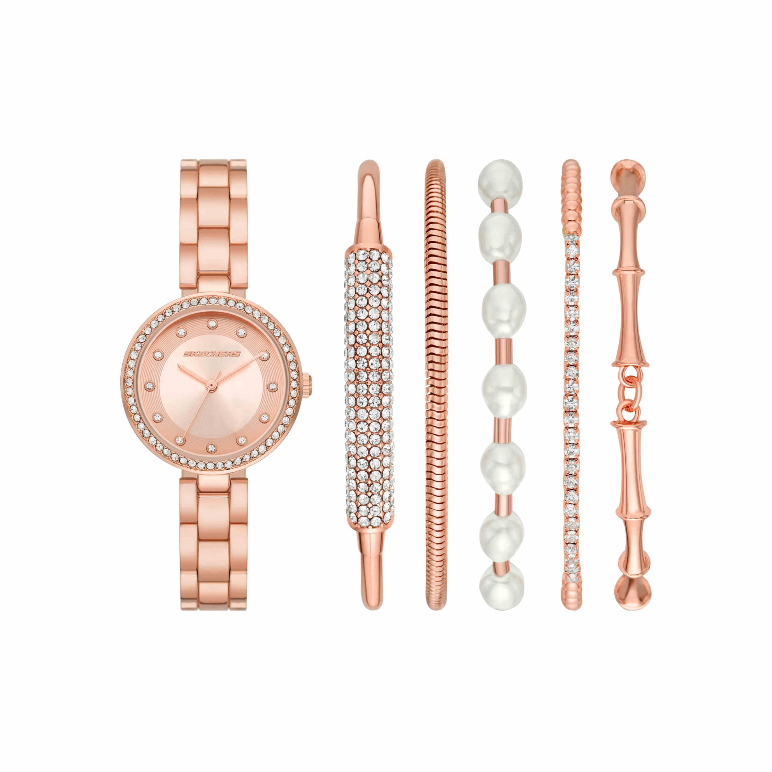Skechers GLITZ Rose Gold Tone Alloy Watch Bracelet SR9079 Women s Three-Hand & Set, розовый