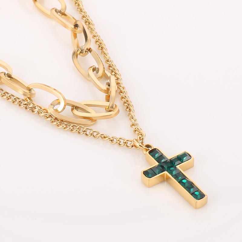 Stainless Steel Gold Color Link Chain Double Layers Necklace for Men Women Hip Hop With Crosses Charm Trend Jewelry Gift