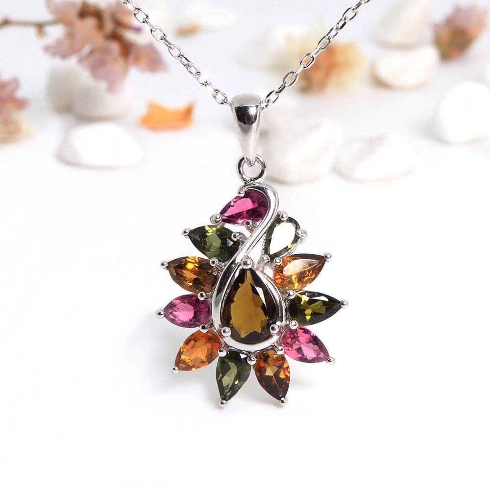 925 Sterling silver Gorgeous design Colorful Natural Tourmaline pendant necklace for women girls fine jewelry nice gift