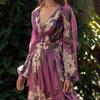 Women Maxi Dress Low-cut Deep V Neck Tight High Waist Flower Print Lantern