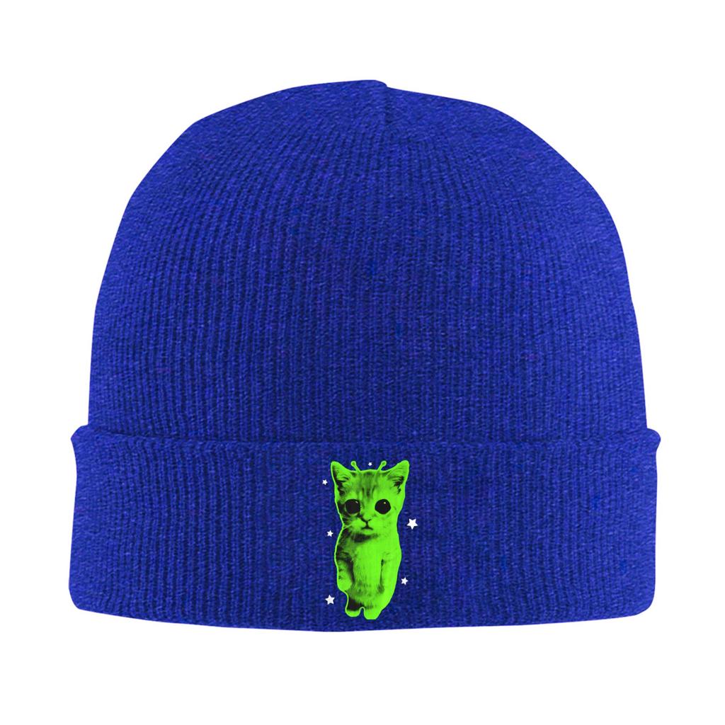 Alien Cat Meme UFO Silly Cat Knitted Hat for Women Unisex Skullies Beanies Autumn Winter Hat  Hip Hop Cap