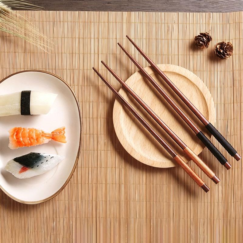 4 Pairs of Handmade Japanese Natural Chestnut Wood Sushi Chopsticks Reusable Chopstick Set Value Gift Sushi Chinese Food Tie