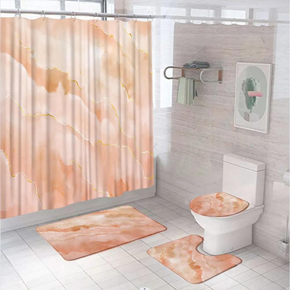 Marbling 3D Shower Curtains Luxury Marble Blue Golden Veins Bath Mats Set Pedestal Rug Toilet Cover Bathroom Curtain With Hooks