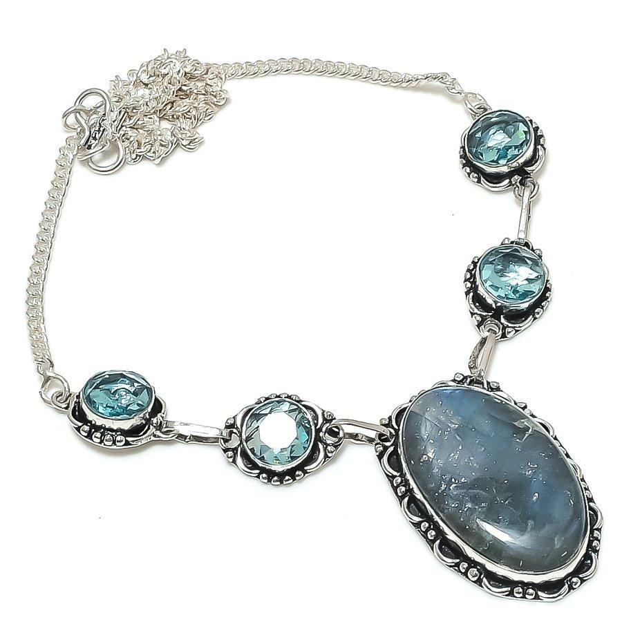 

Natural Labradorite, Topaz 925 Sterling Silver Jewelry Necklace 18 Q6p48