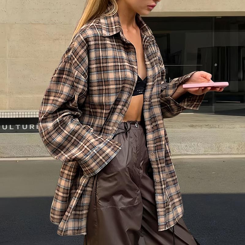 

Autumn Casual Plaid Shirt Woman Loose Winter Lapel Buttons Women Coat Full Sleeve Cozy Vintage Khaki Tops Female Streetwear S дубильная кора