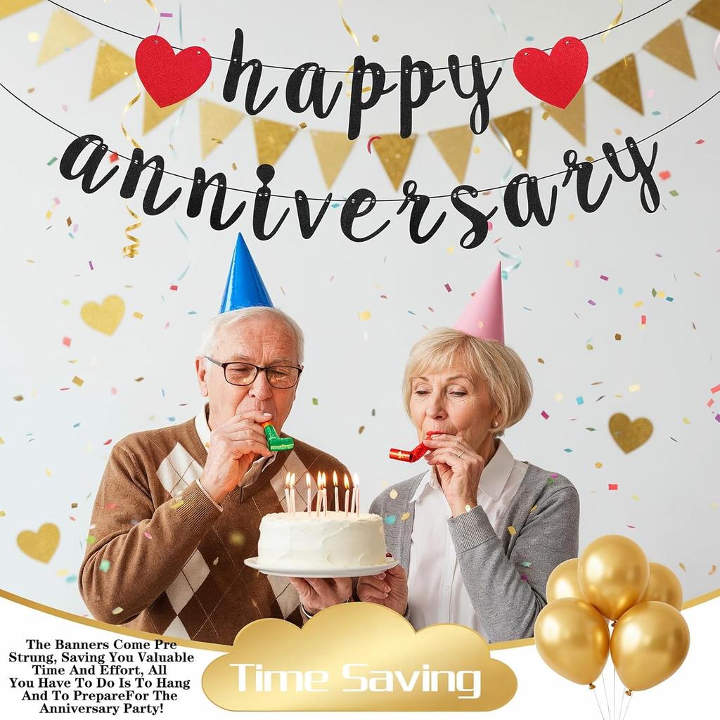Black Happy Anniversary Banner, Anniversary Party Decorations, We Still Do, Happy Wedding Day Party Supplies Romantic Decorations Black Red Glitter