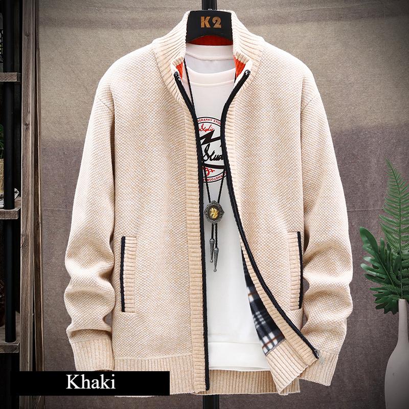 Knitted Cardigan Solid Color Sweater Men Zipper Autumn Long-sleeved Jacket Warm Fleece Cardigans Jacket