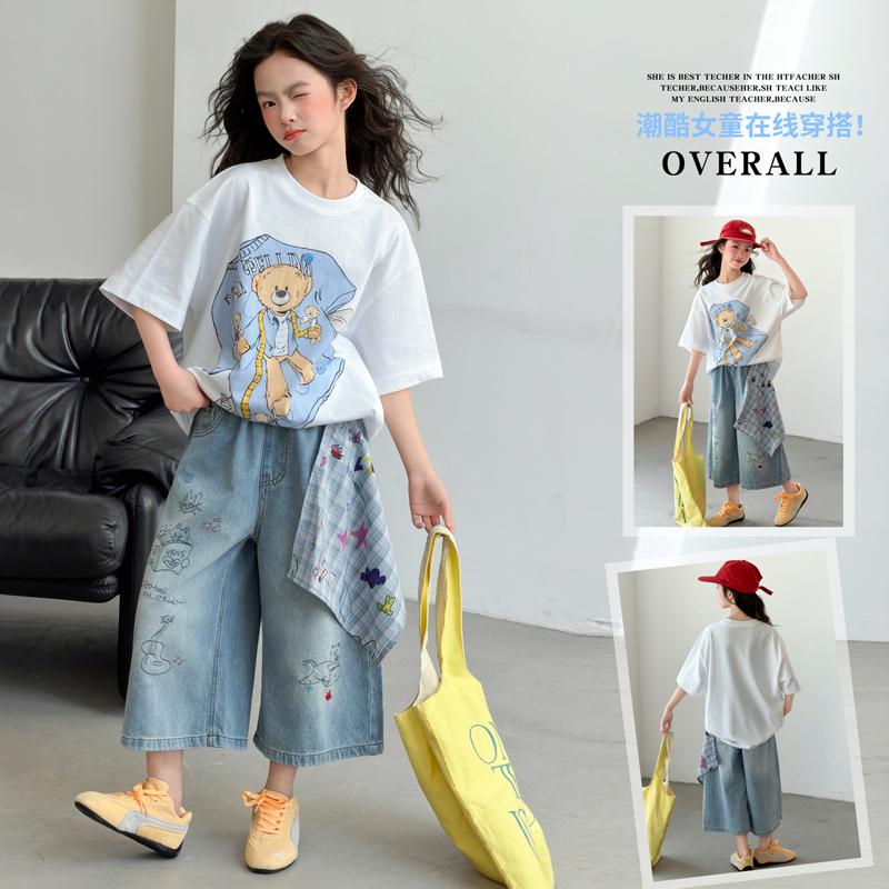 Girls' Summer Set 2026 New Style Children's Fashionable and Stylish Medium to Large Children's Loose Short sleeved Cowboy Shorts Two Piece Set