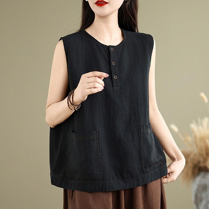 Women Vintage Cotton Linen Sleeveless Vest Button Design Loose Fit All Match Art Style Summer New Casual Tank Top