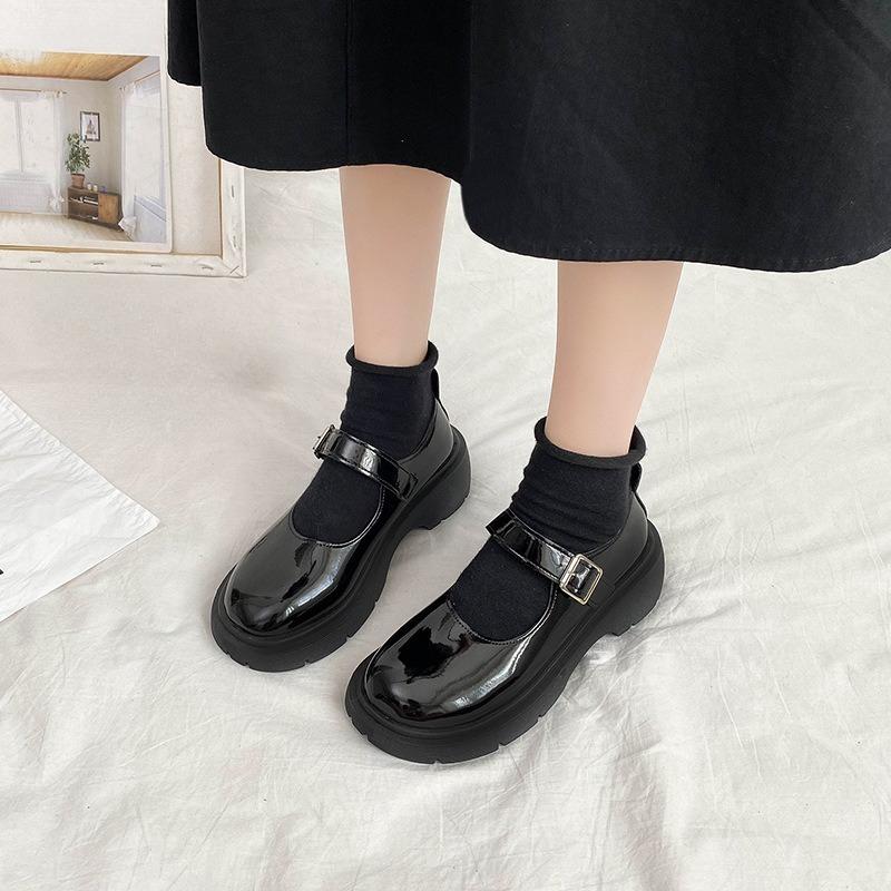 High-heeled Women's New Round-toe Thick-stiletto Versatile Retro Leather Shoes
