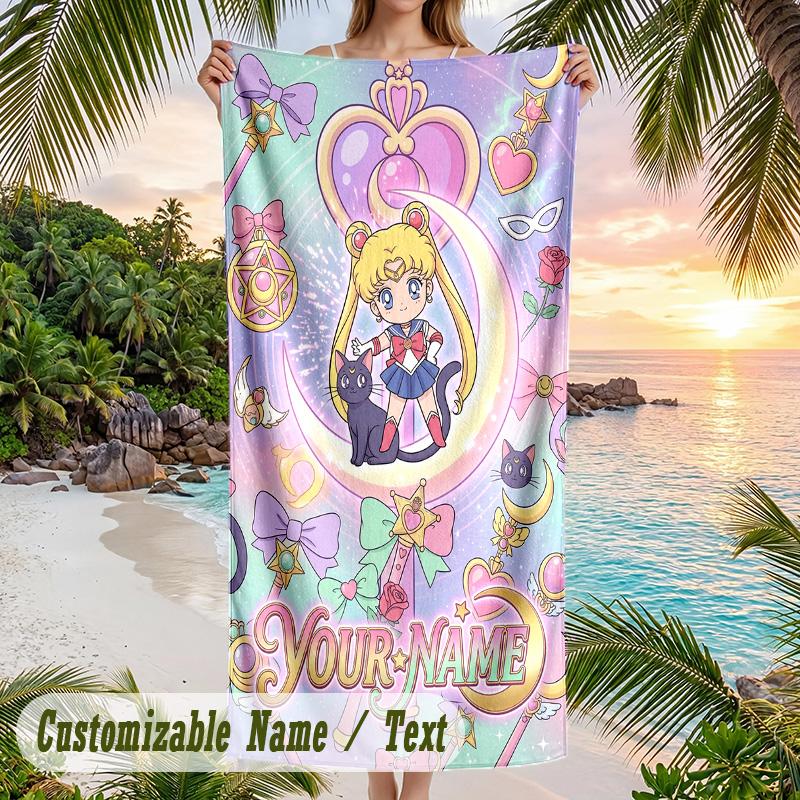 Sailor Moon Beach Towel, Personalized Custom Name Text, Quick Dry Large Absorbent Towel For Beach Pool